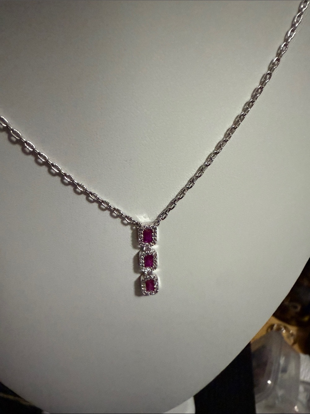 BP rhodium plated Ruby Triple-Drop halo linear Pendant “the Victoria Necklace”